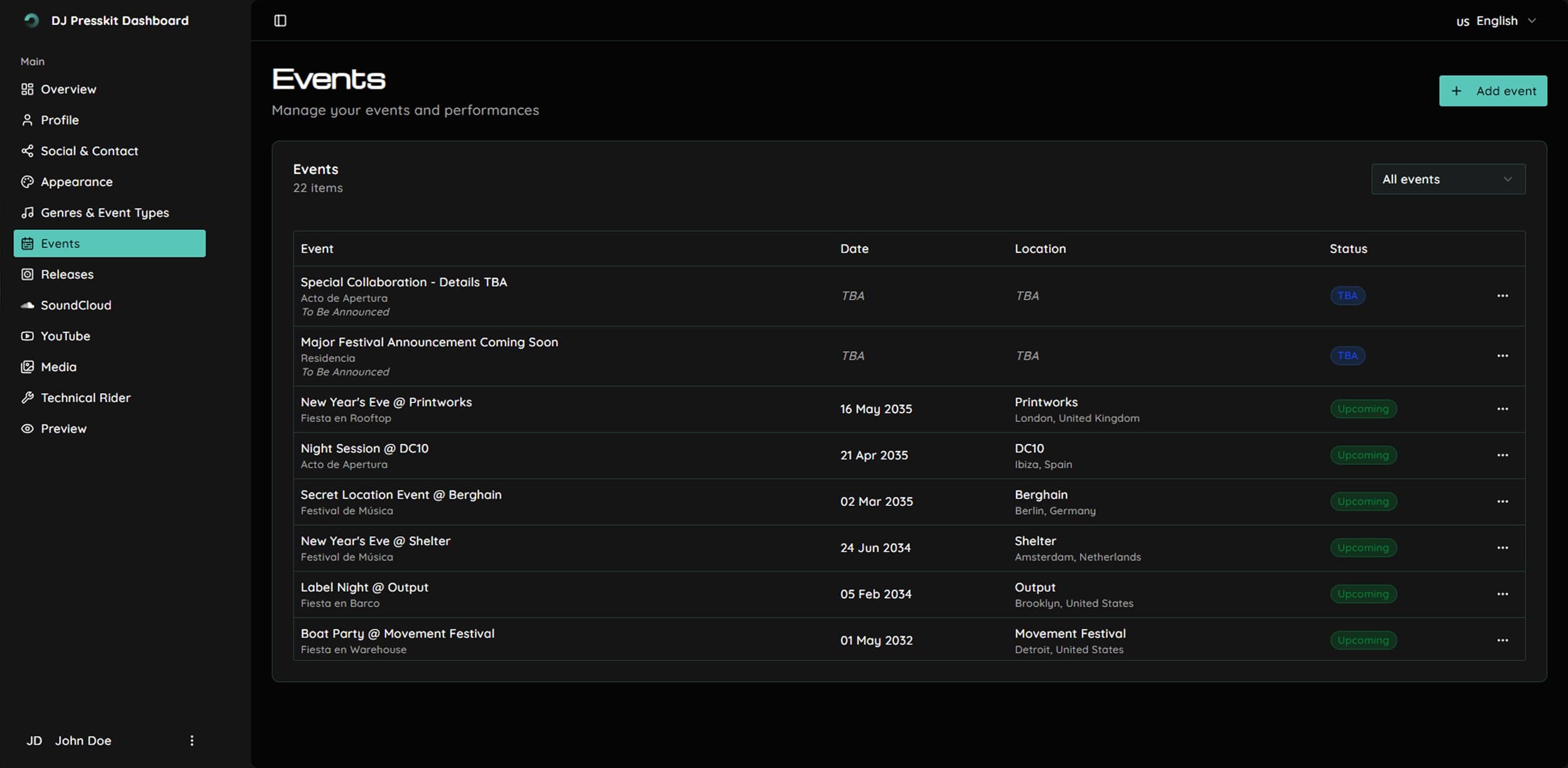 Events tab in the dashboard