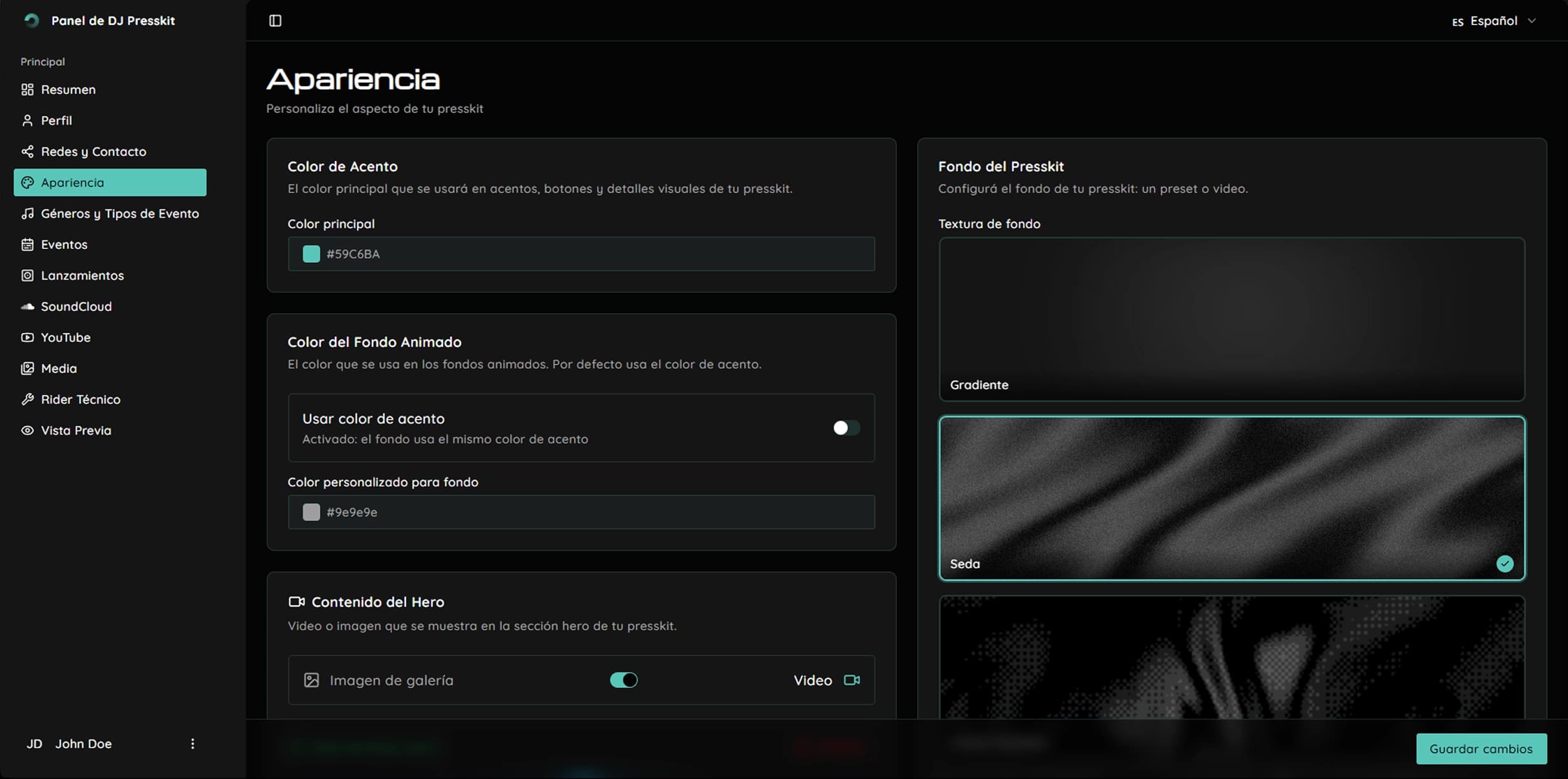 Pestaña de Apariencia en el dashboard