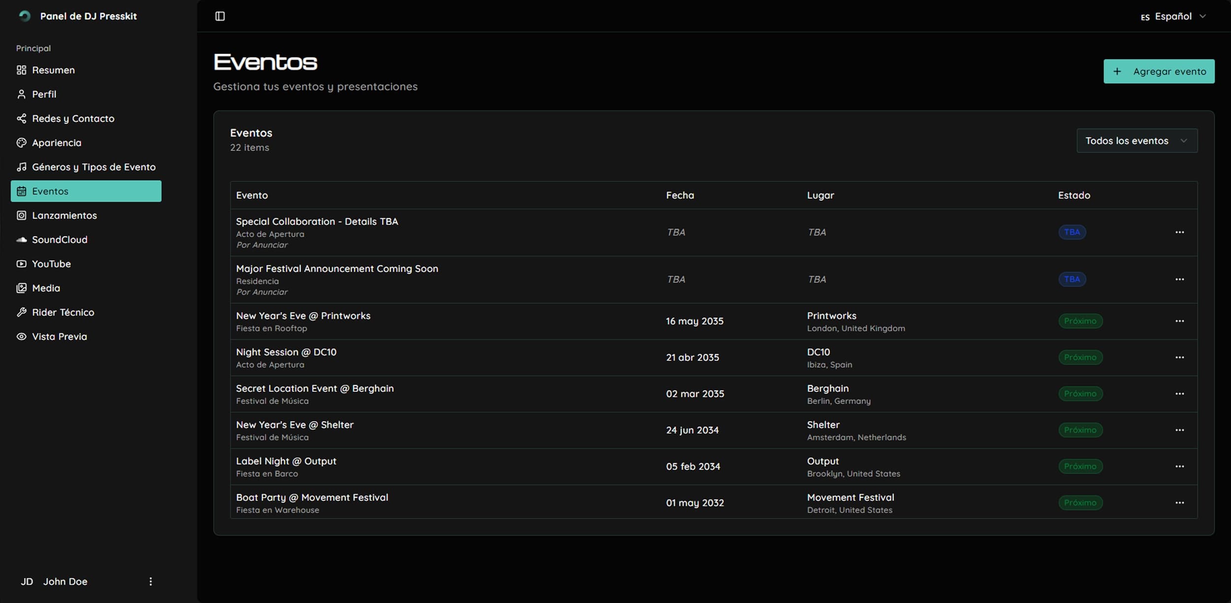 Pestaña de Eventos en el dashboard