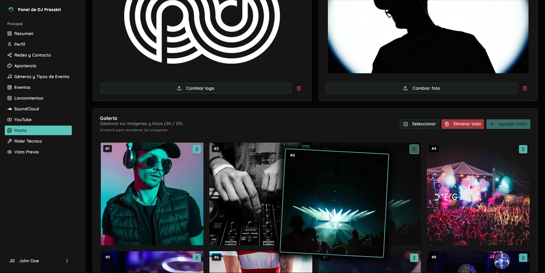 Pestaña de Media y Galería en el dashboard